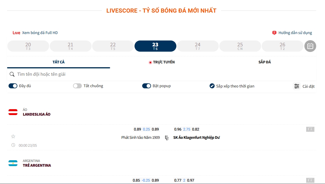 LIVESCORE - tỷ số bóng đá mới nhất